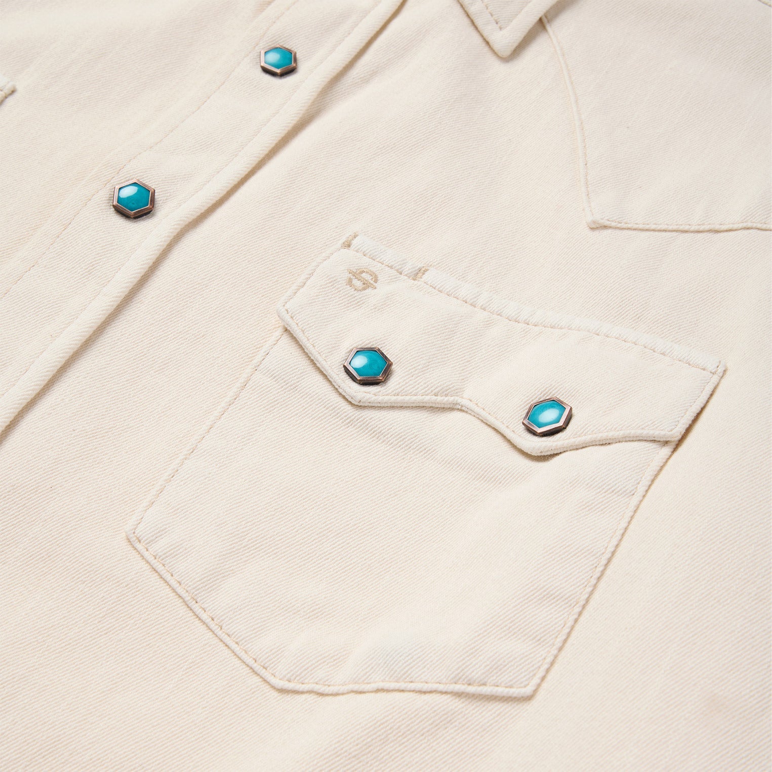 Turquoise Snap Western Denim Shirt Cream
