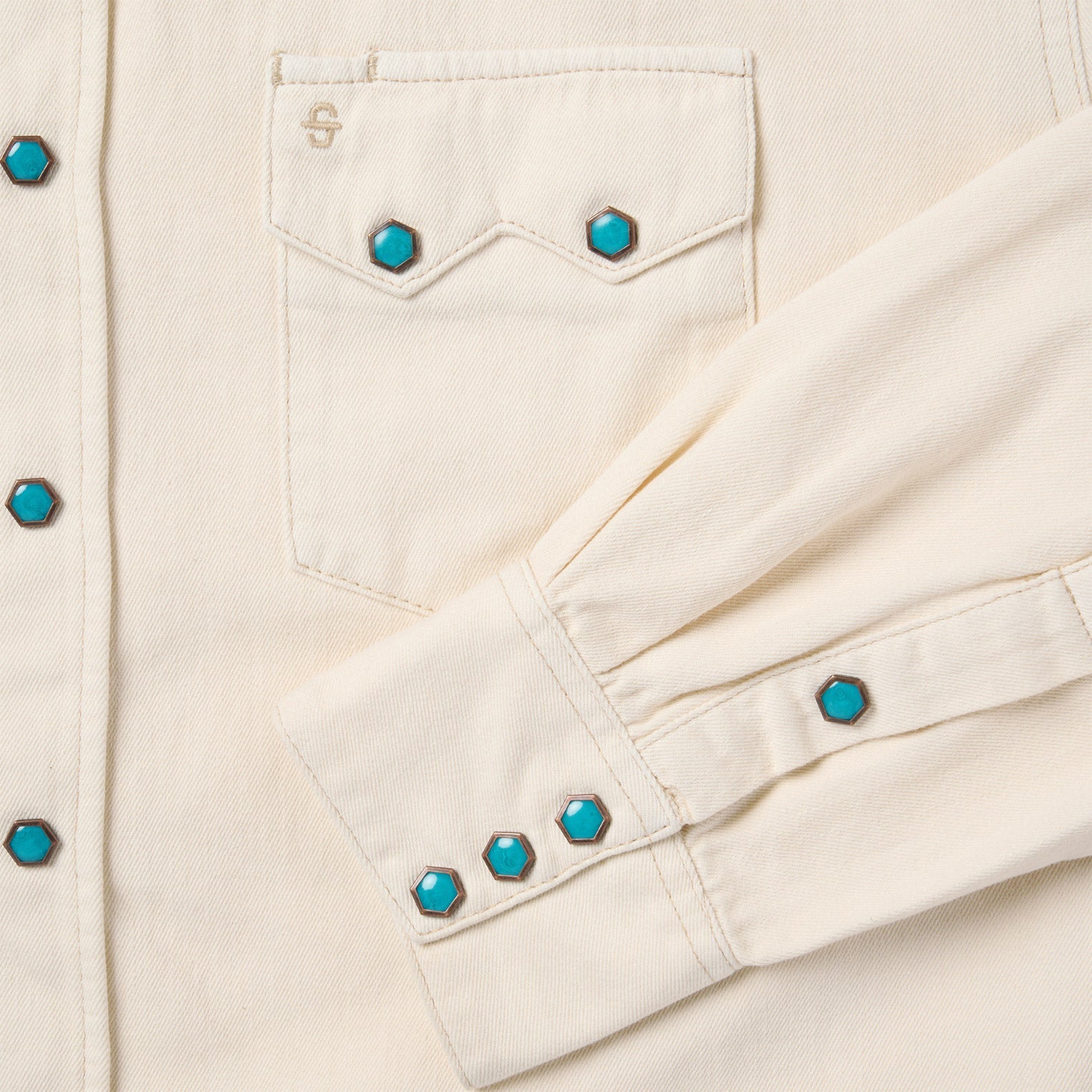 Turquoise Snap Western Denim Shirt Cream