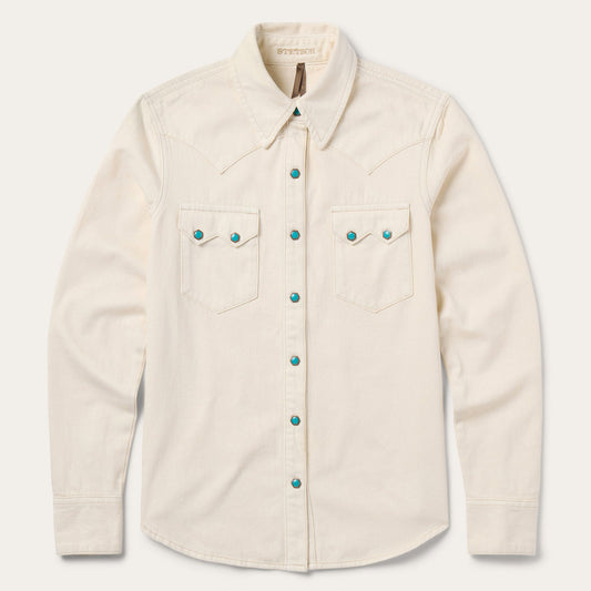 Turquoise Snap Western Denim Shirt Cream