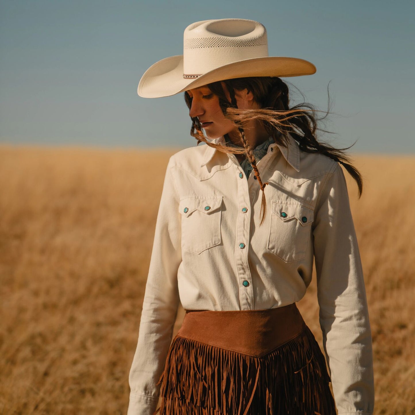 Turquoise Snap Western Denim Shirt Cream