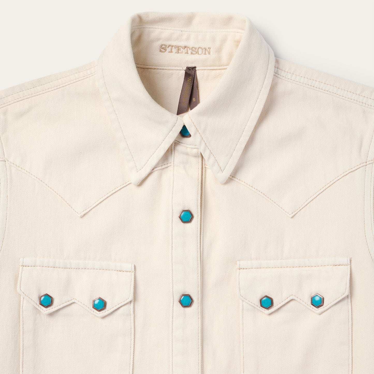 Turquoise Snap Western Denim Shirt Cream