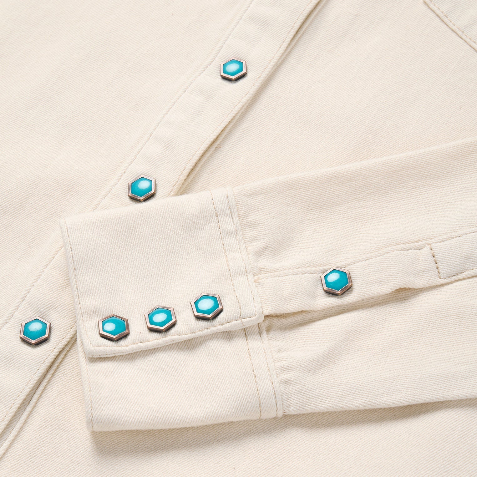 Turquoise Snap Western Denim Shirt Cream
