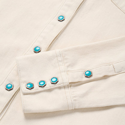 Turquoise Snap Western Denim Shirt Cream