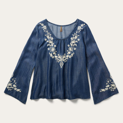 Embroidered Denim Peasant Blouse Blue