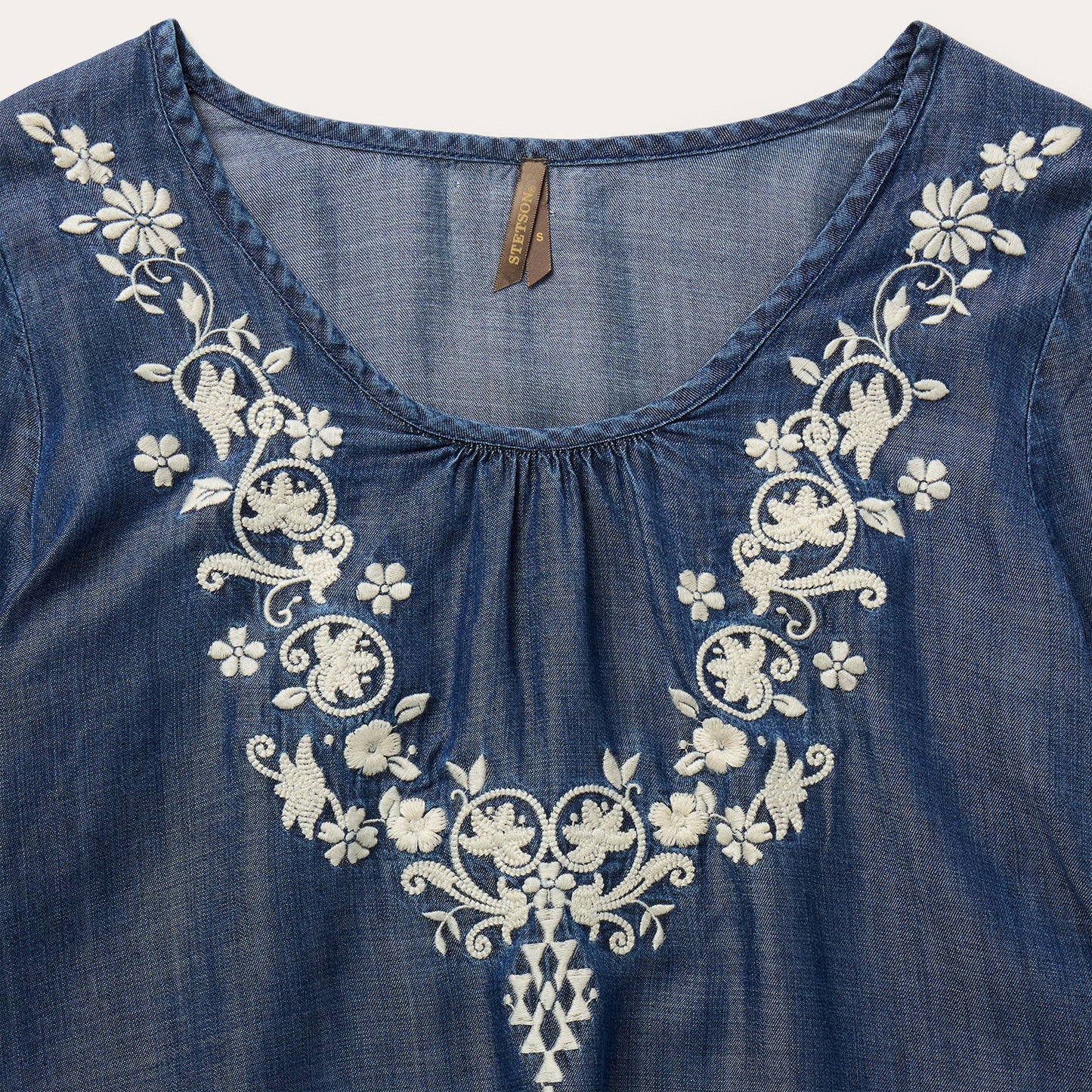 Embroidered Denim Peasant Blouse Blue