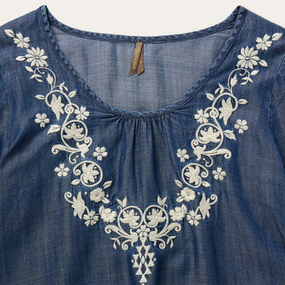 Embroidered Denim Peasant Blouse Blue