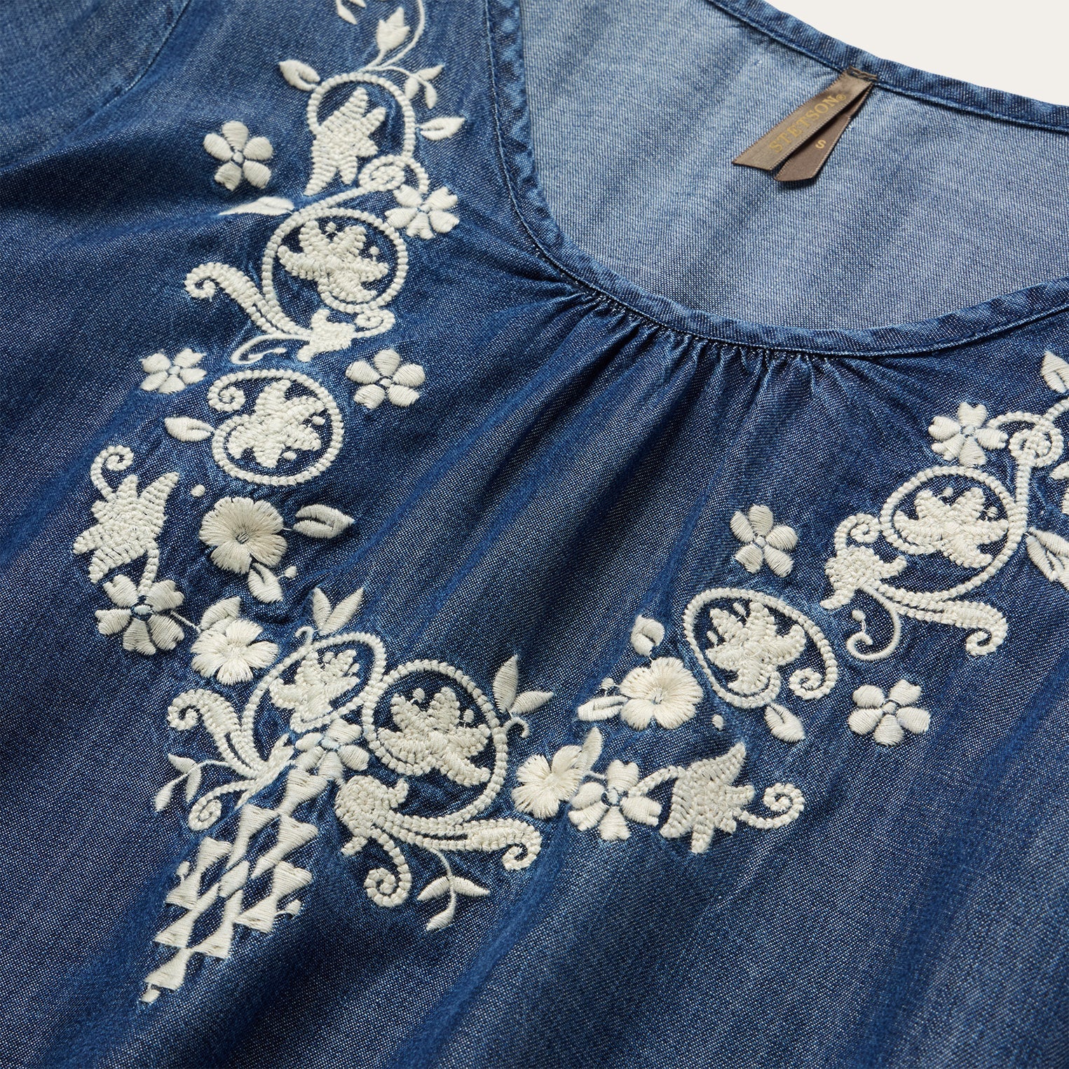 Embroidered Denim Peasant Blouse Blue