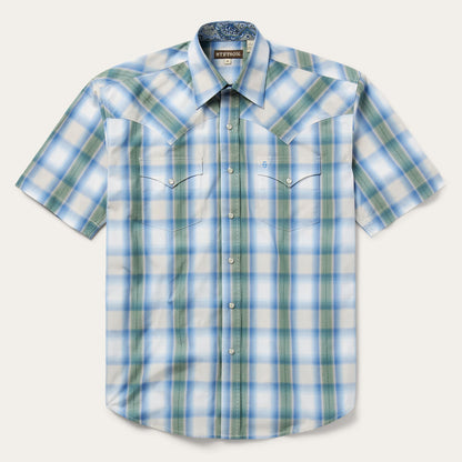 Moss Plaid Short-Sleeve Western Shirt Blue