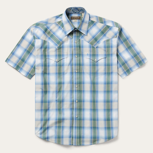Moss Plaid Short-Sleeve Western Shirt Blue