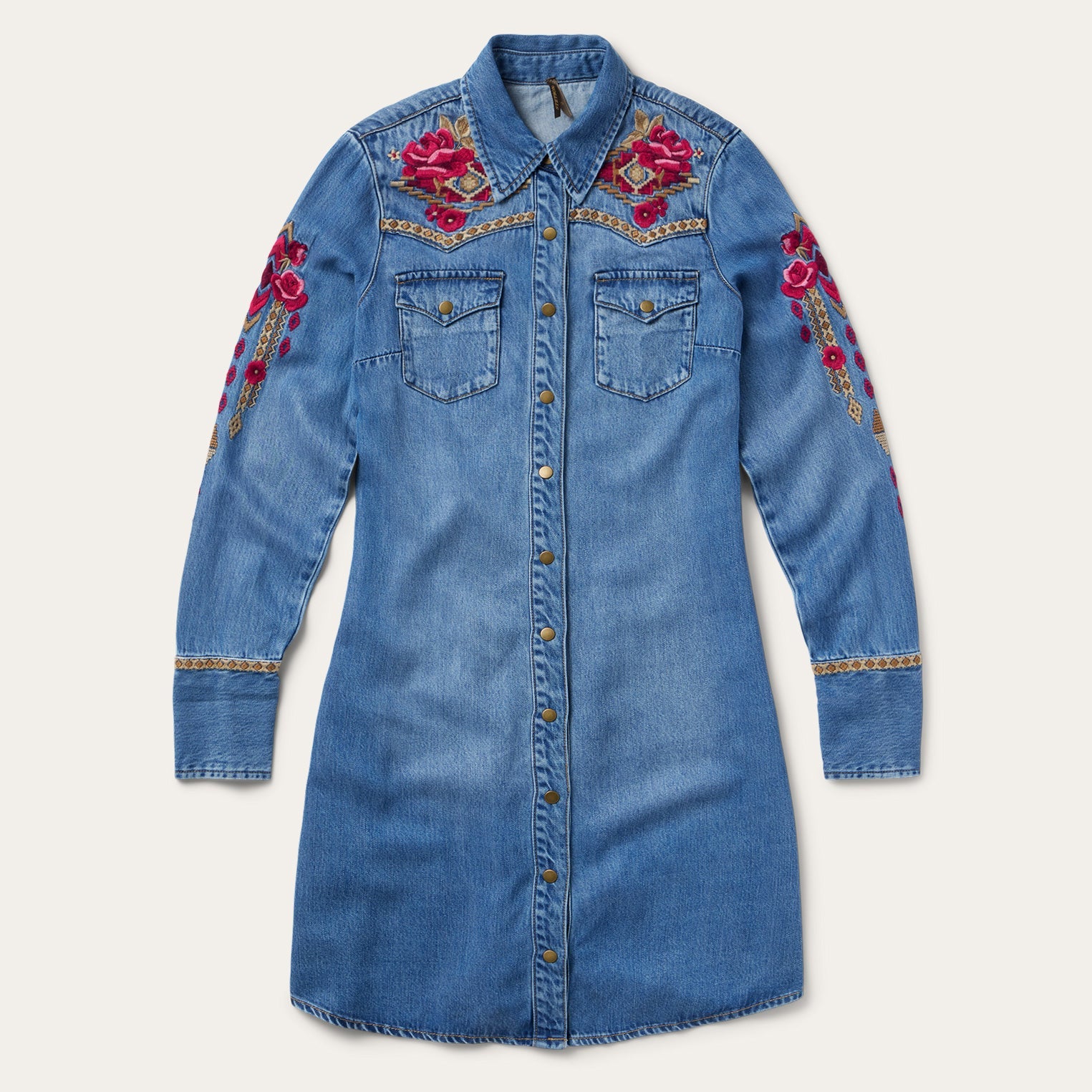 Embroidered Denim Shirt Dress Dark Blue