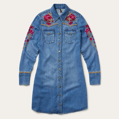 Embroidered Denim Shirt Dress Dark Blue