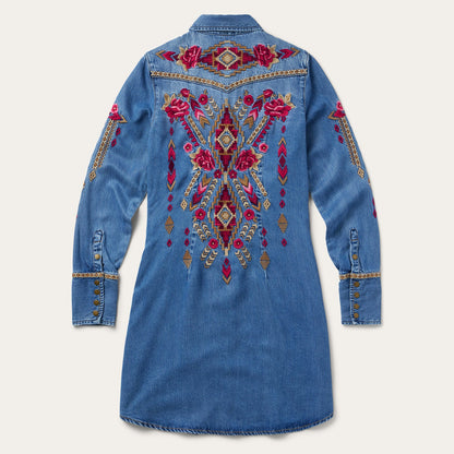 Embroidered Denim Shirt Dress Dark Blue