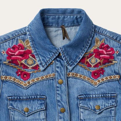 Embroidered Denim Shirt Dress Dark Blue