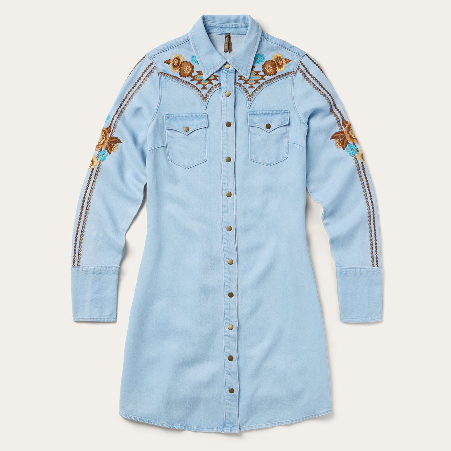 Embroidered Denim Shirt Dress Light Blue