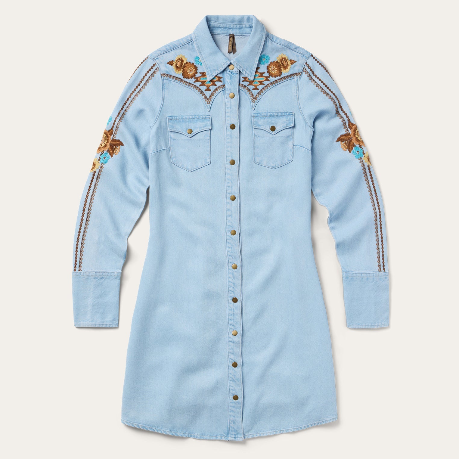 Embroidered Denim Shirt Dress Light Blue