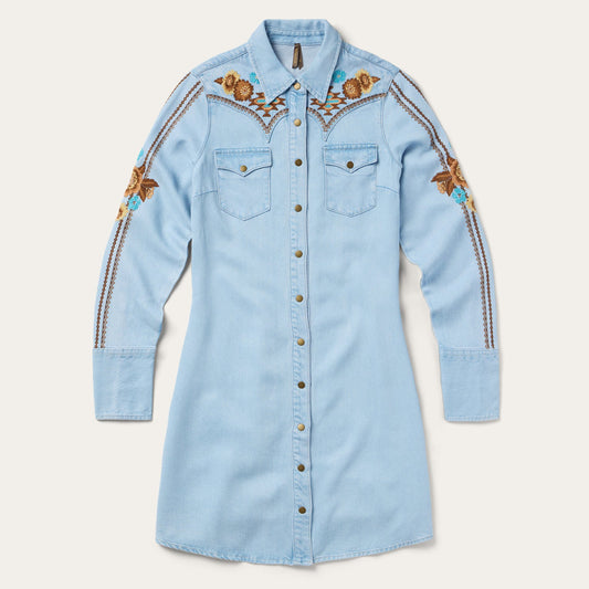 Embroidered Denim Shirt Dress Light Blue