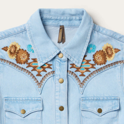 Embroidered Denim Shirt Dress Light Blue