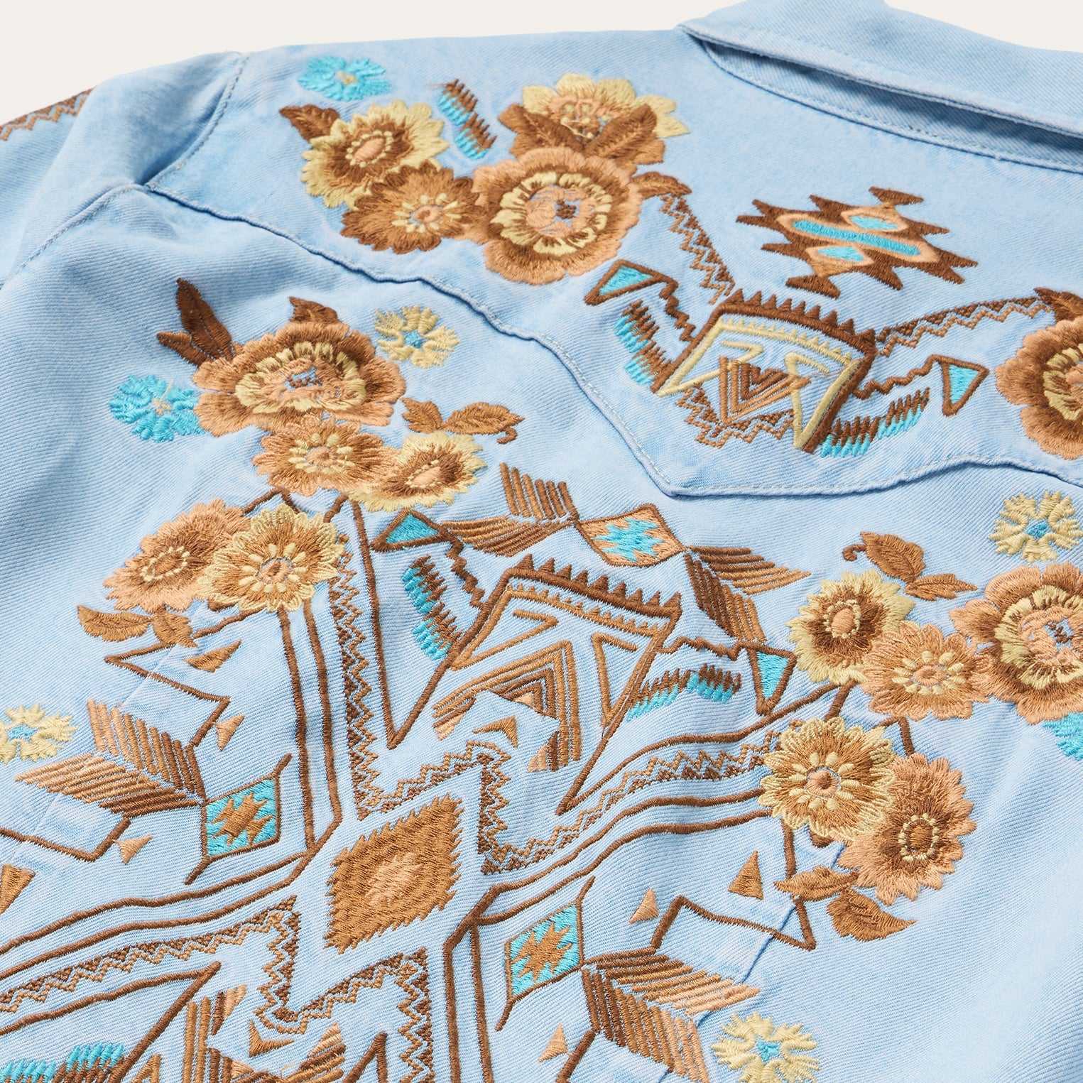 Embroidered Denim Shirt Dress Light Blue