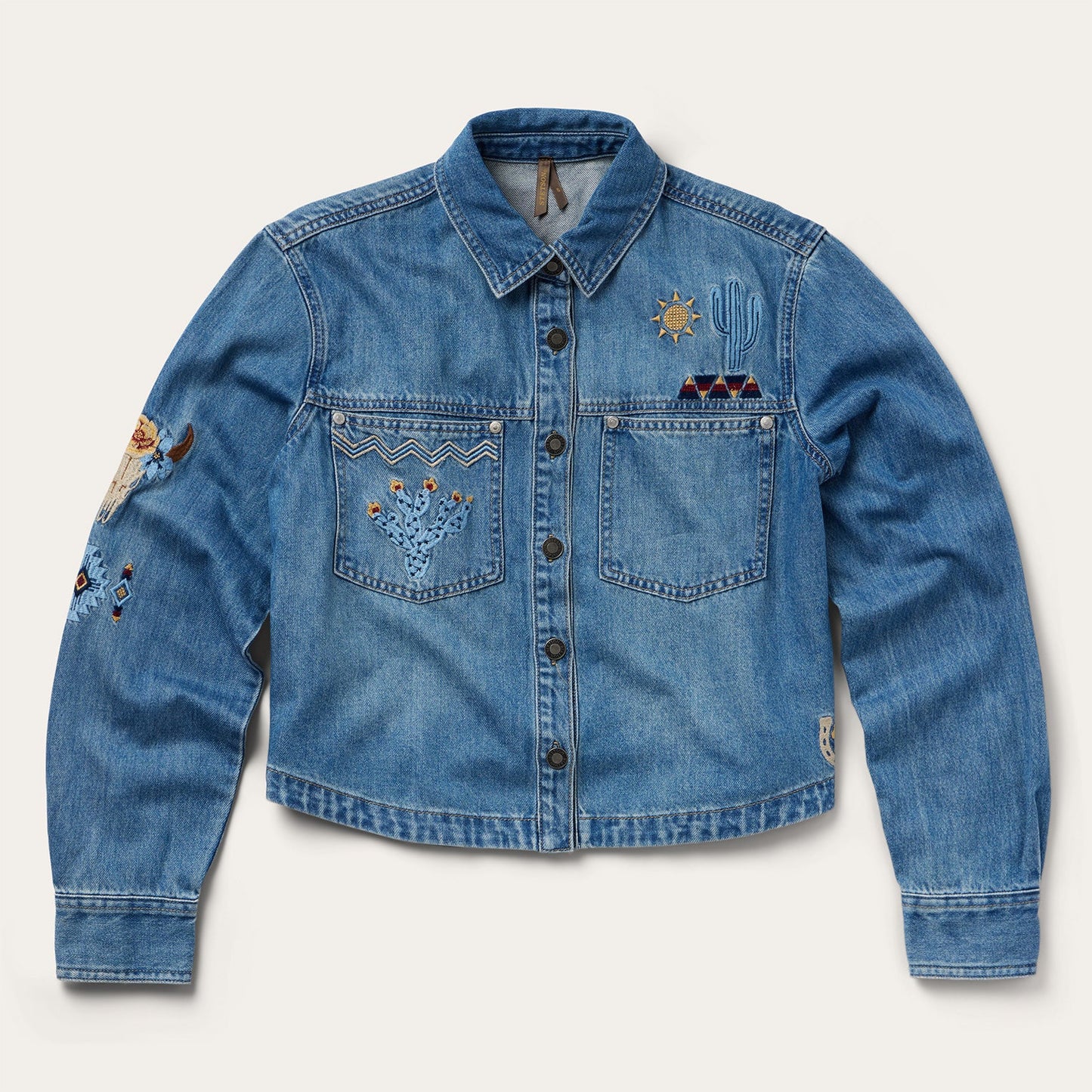 Embroidered Denim Button-Up Cropped Shirt Blue