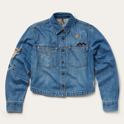 Embroidered Denim Button-Up Cropped Shirt Blue