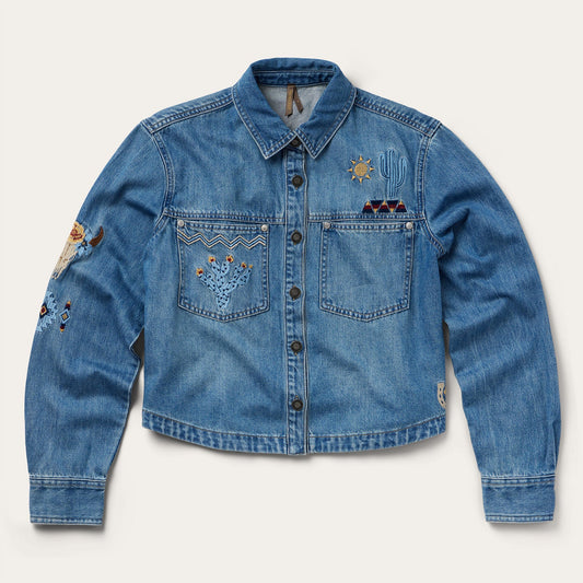 Embroidered Denim Button-Up Cropped Shirt Blue