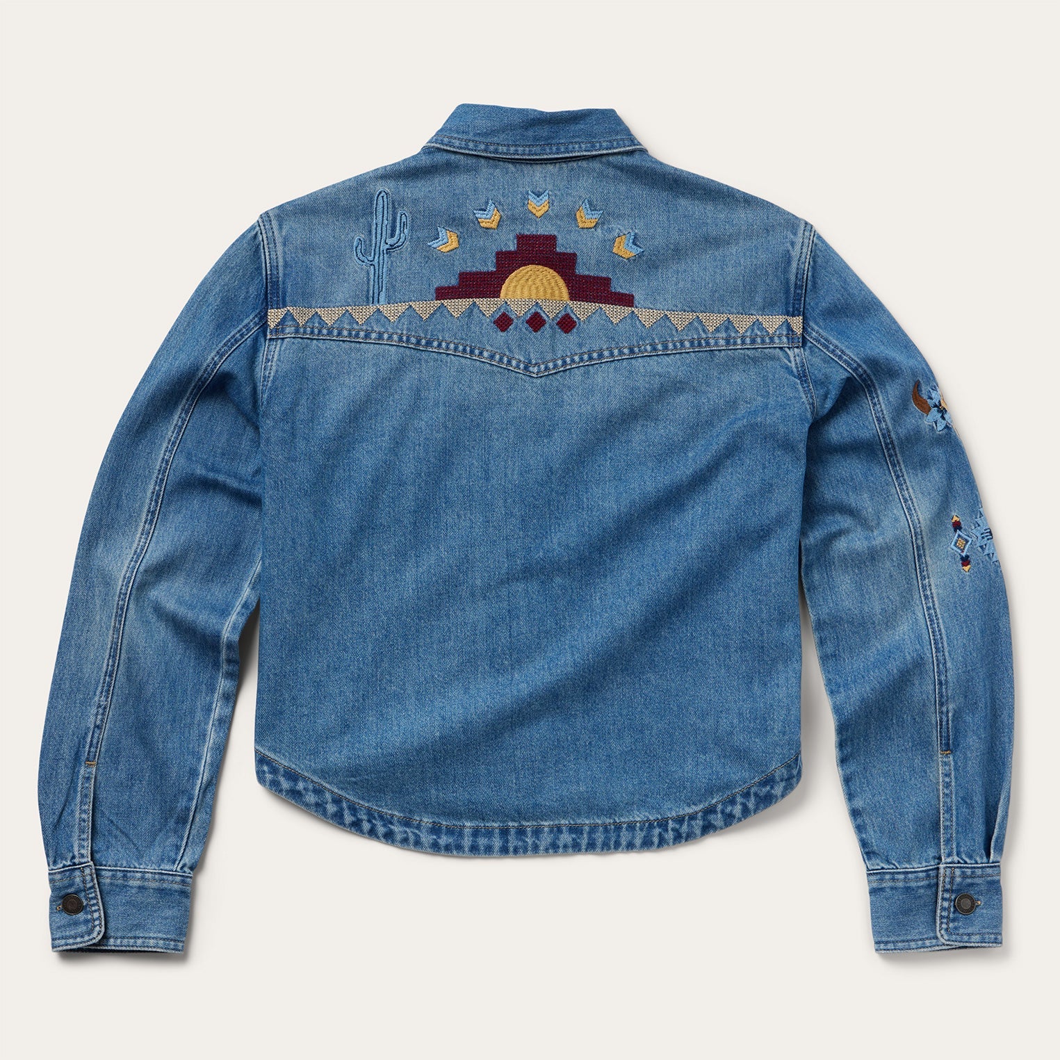 Embroidered Denim Button-Up Cropped Shirt Blue