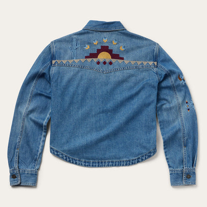 Embroidered Denim Button-Up Cropped Shirt Blue