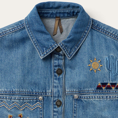 Embroidered Denim Button-Up Cropped Shirt Blue