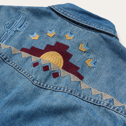 Embroidered Denim Button-Up Cropped Shirt Blue