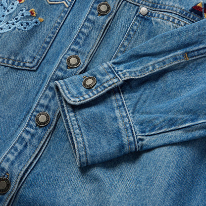 Embroidered Denim Button-Up Cropped Shirt Blue