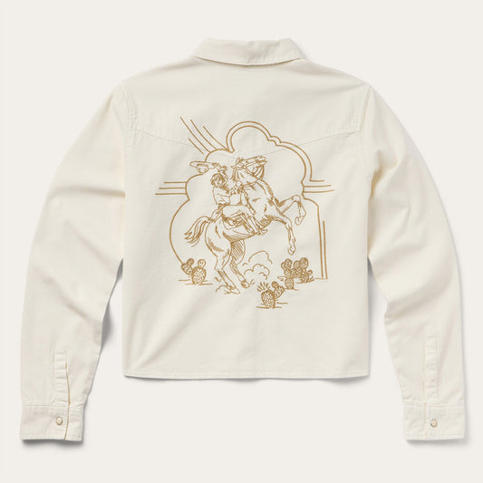 Embroidered Cream Denim Cropped Shirt White