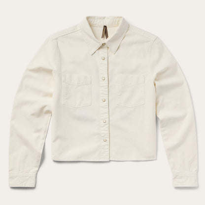 Embroidered Cream Denim Cropped Shirt White