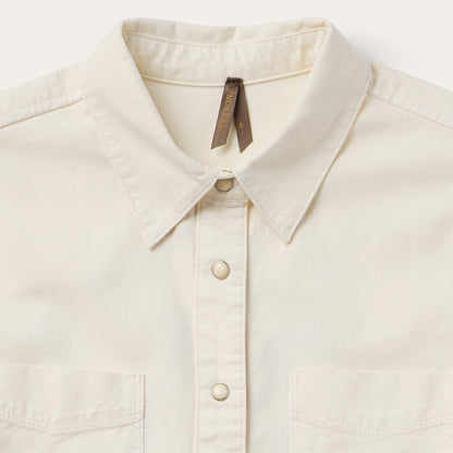 Embroidered Cream Denim Cropped Shirt White