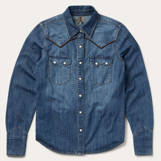 Piped Dark Denim Western Shirt Blue