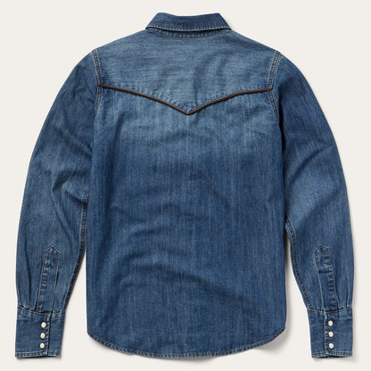 Piped Dark Denim Western Shirt Blue