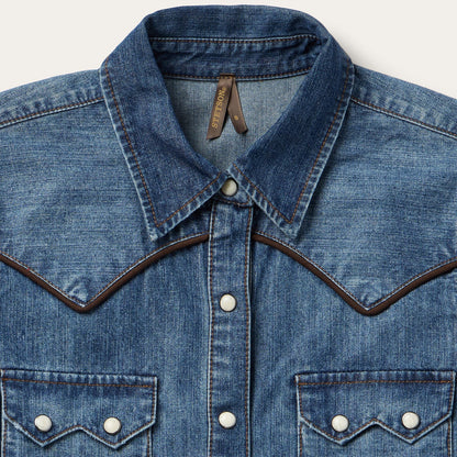 Piped Dark Denim Western Shirt Blue