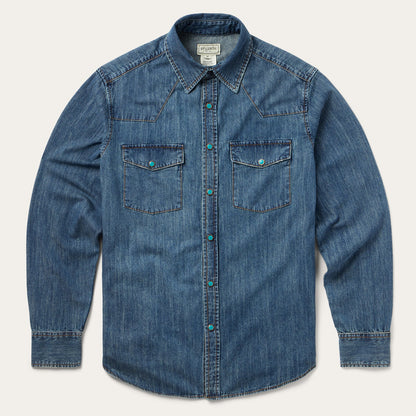 Turquoise Snap Lightweight Denim Shirt Blue