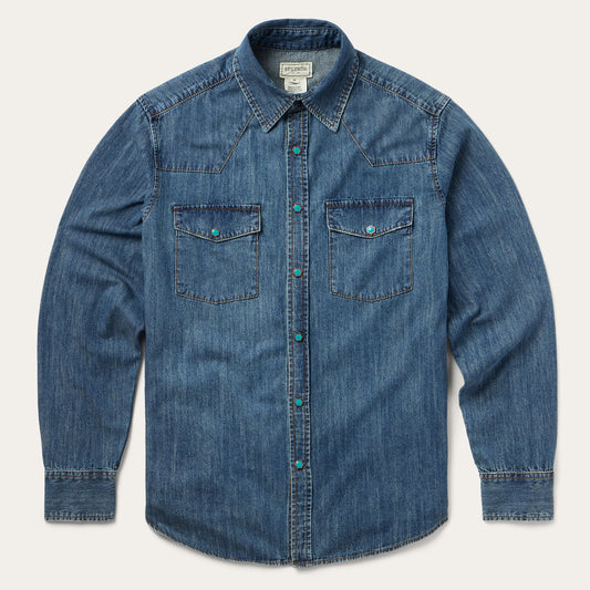 Turquoise Snap Lightweight Denim Shirt Blue