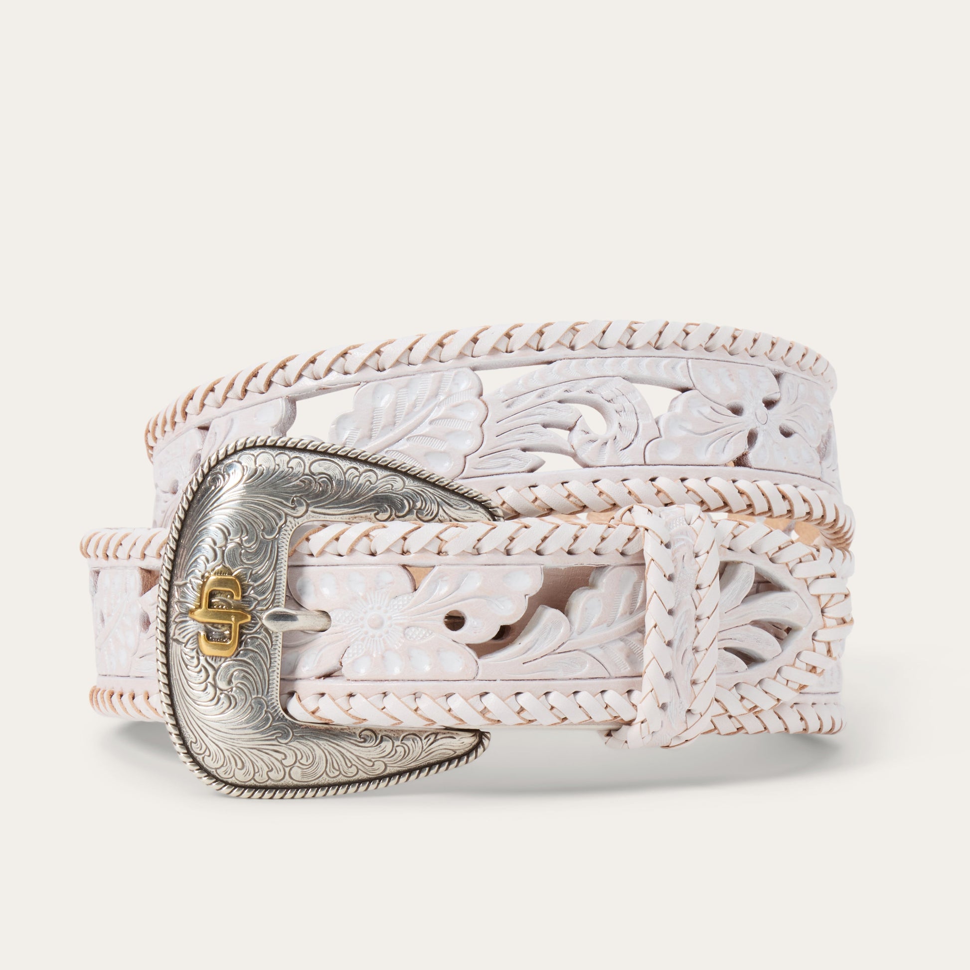 Tooled Laced Edge Belt White