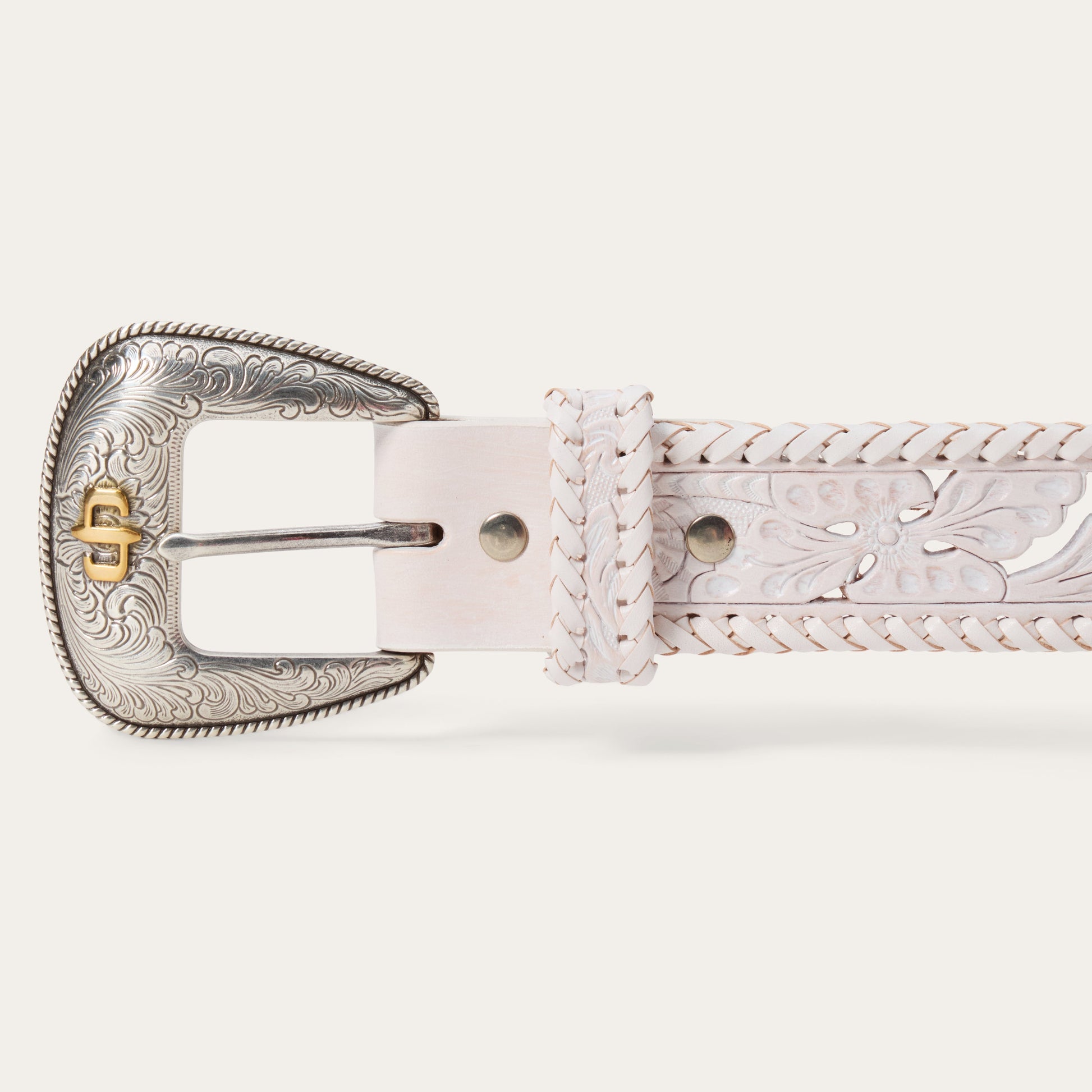 Tooled Laced Edge Belt White