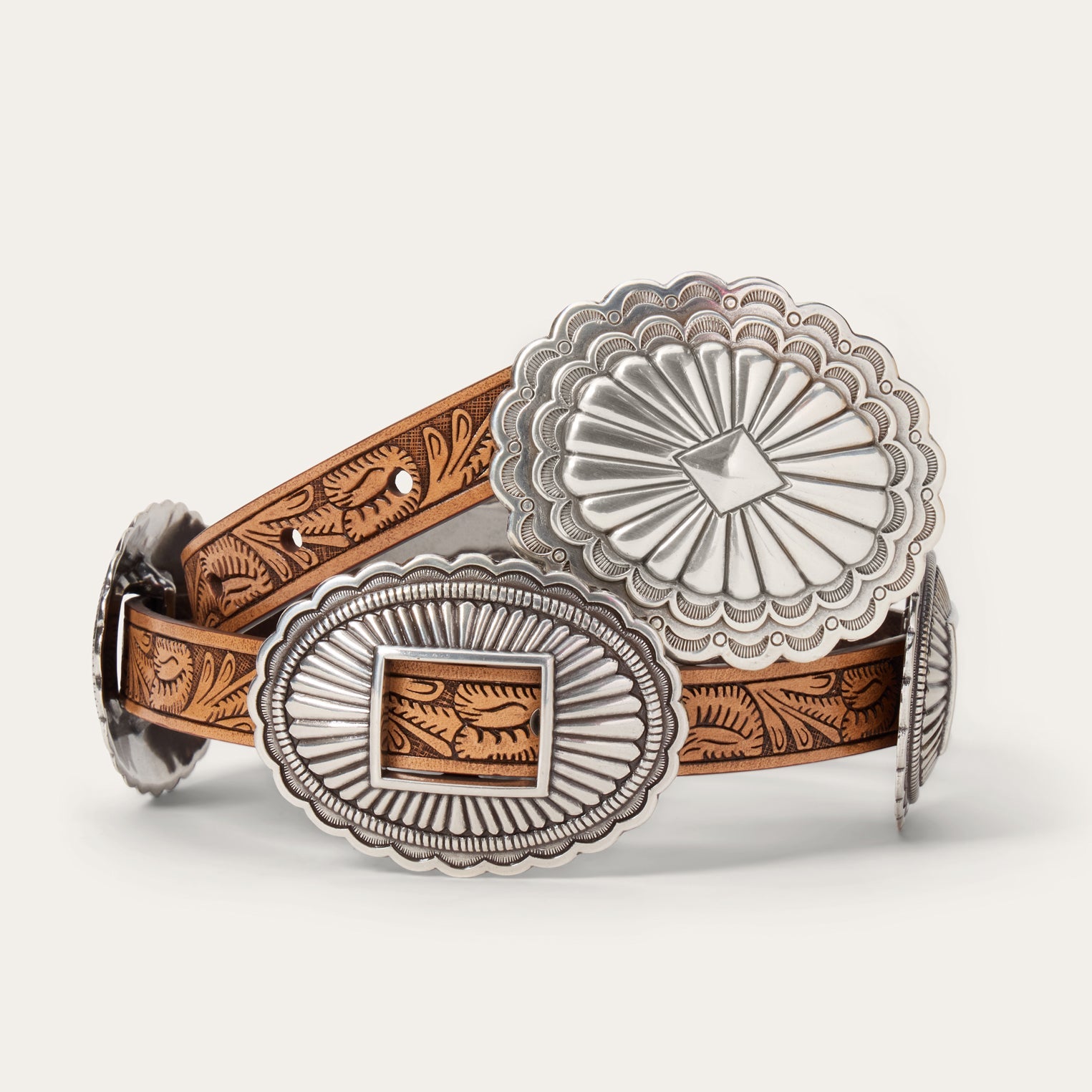 Southwestern Tooled Concho Belt Brown