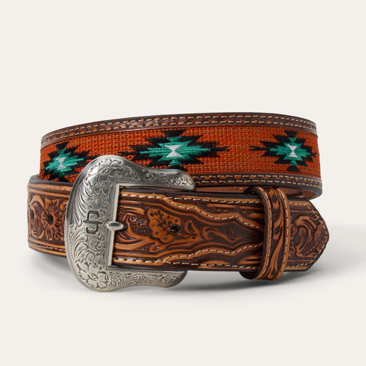 Tooled Tab Embroidered Belt Tan