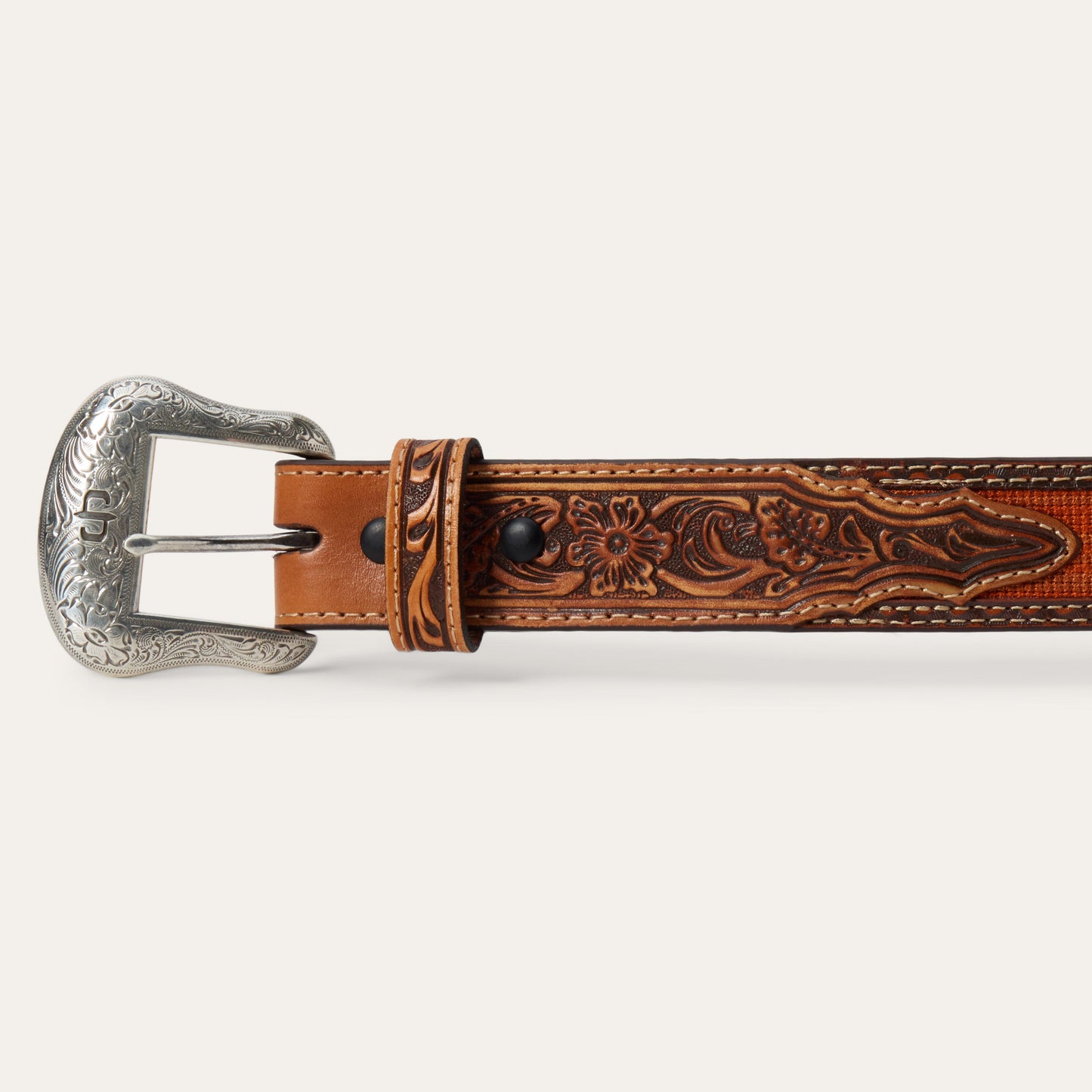 Tooled Tab Embroidered Belt Tan