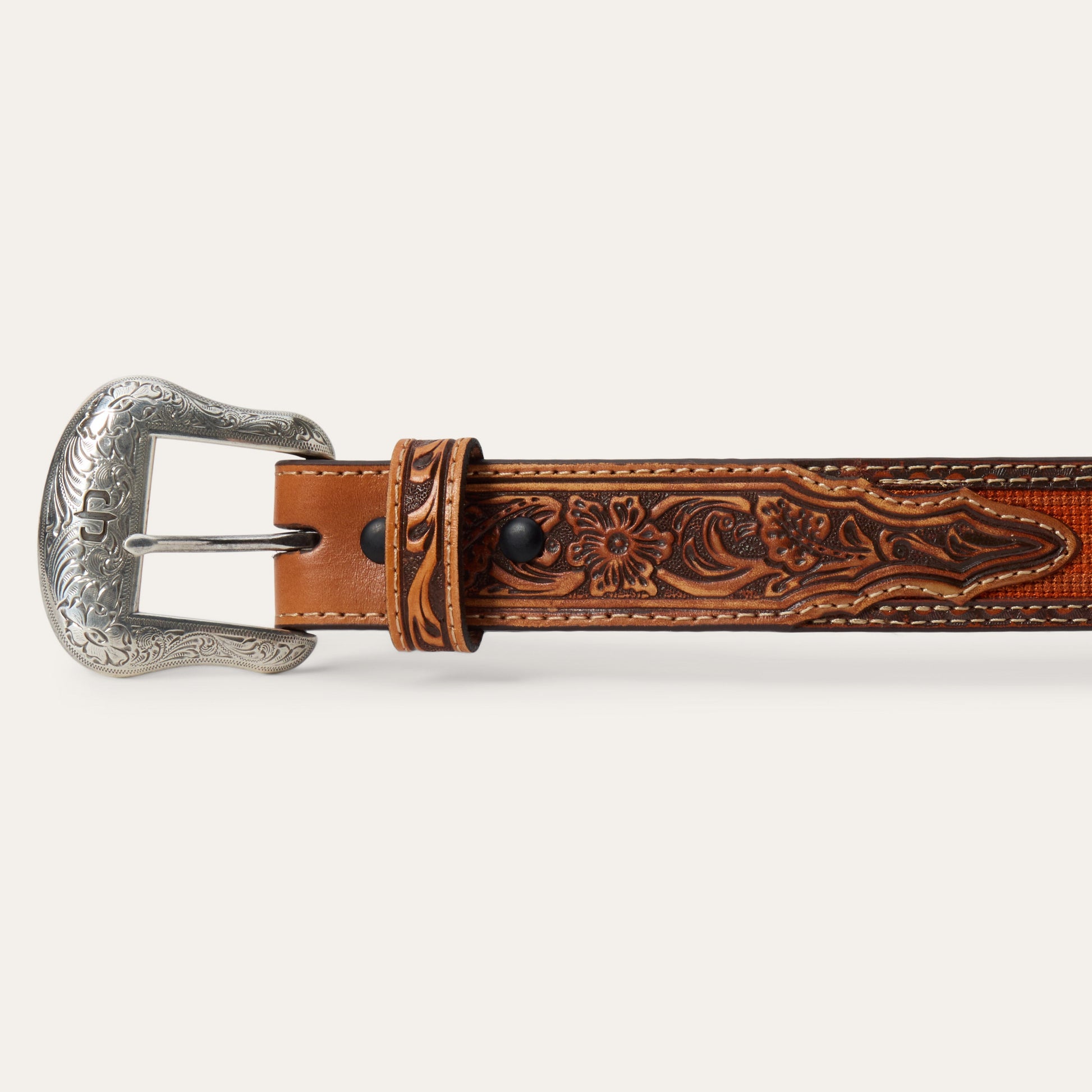 Tooled Tab Embroidered Belt Tan