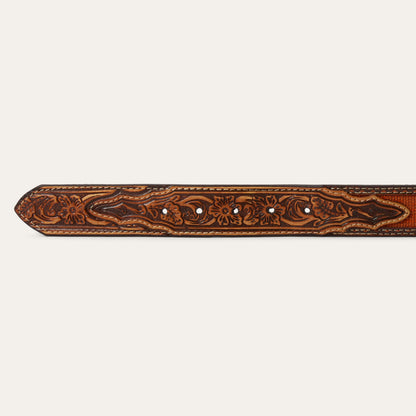 Tooled Tab Embroidered Belt Tan