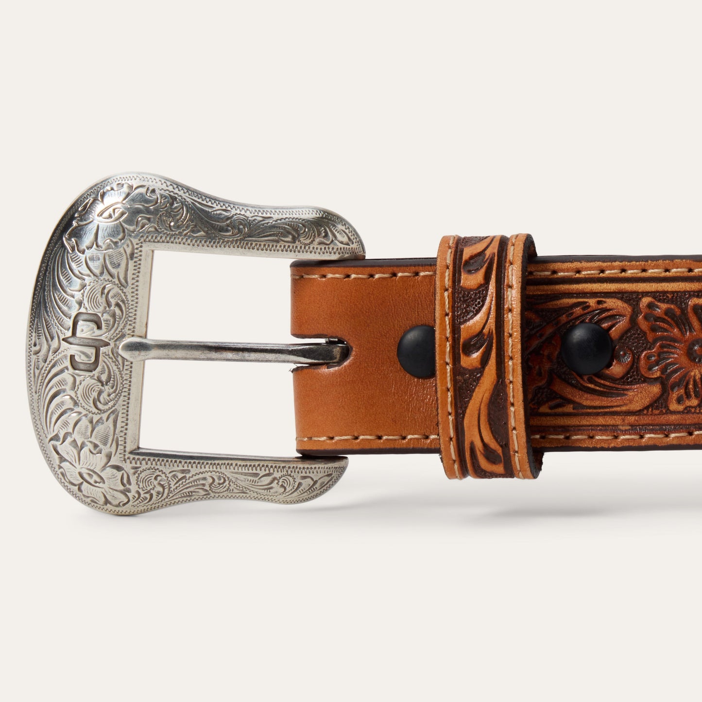 Tooled Tab Embroidered Belt Tan