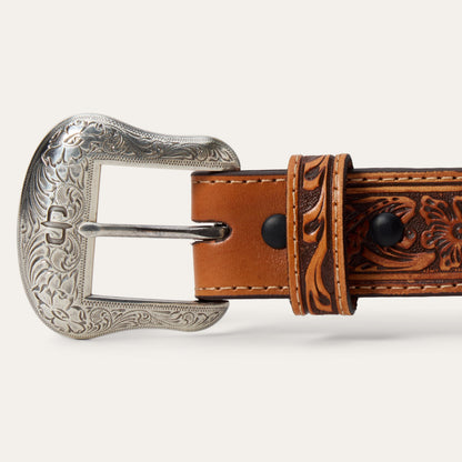Tooled Tab Embroidered Belt Tan