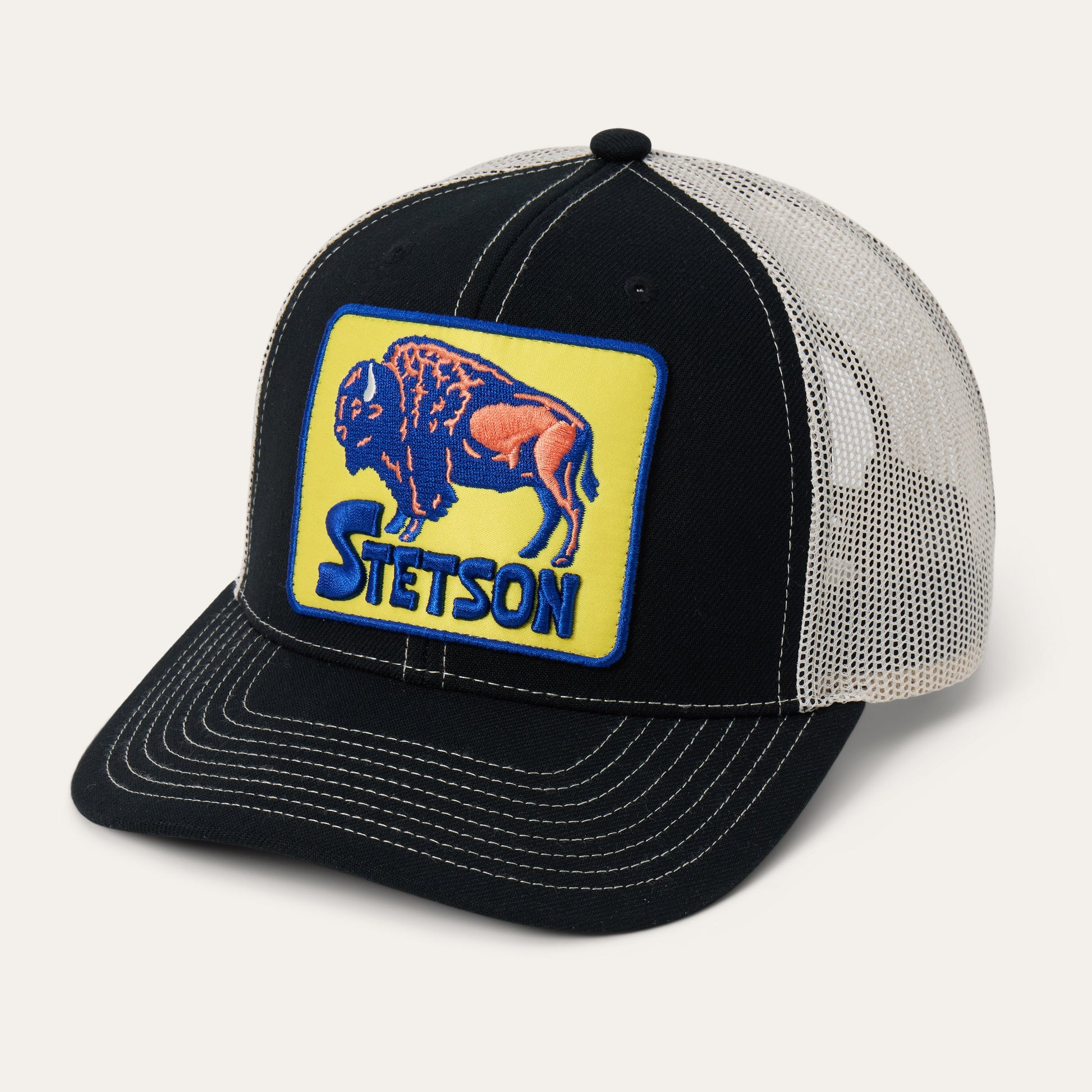 Bison Patch High Crown Trucker Hat Black