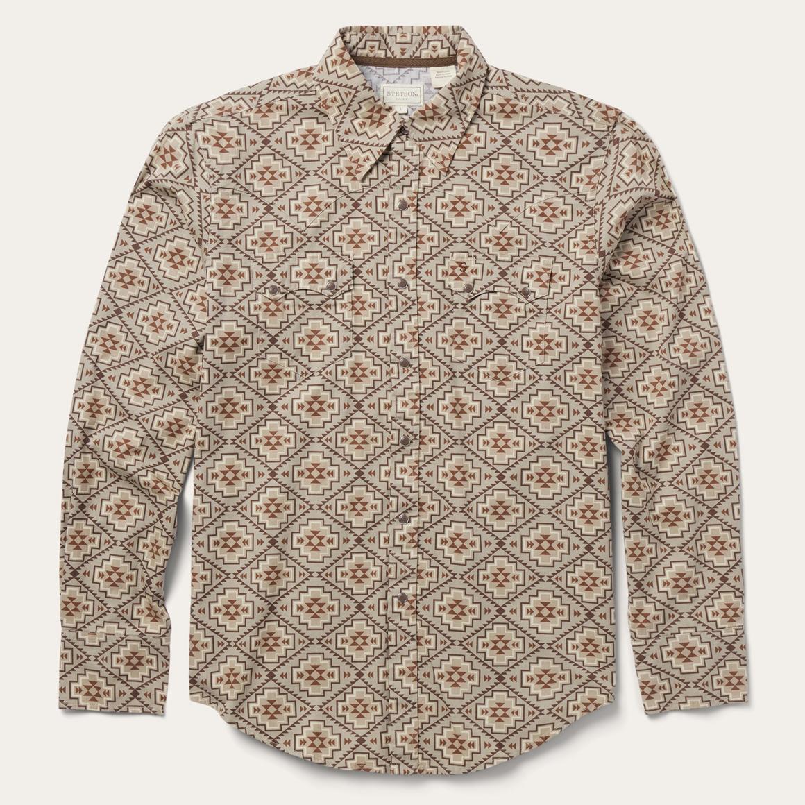 Brown Aztec Poplin Western Shirt Brown | Men Stetson Modern Cut