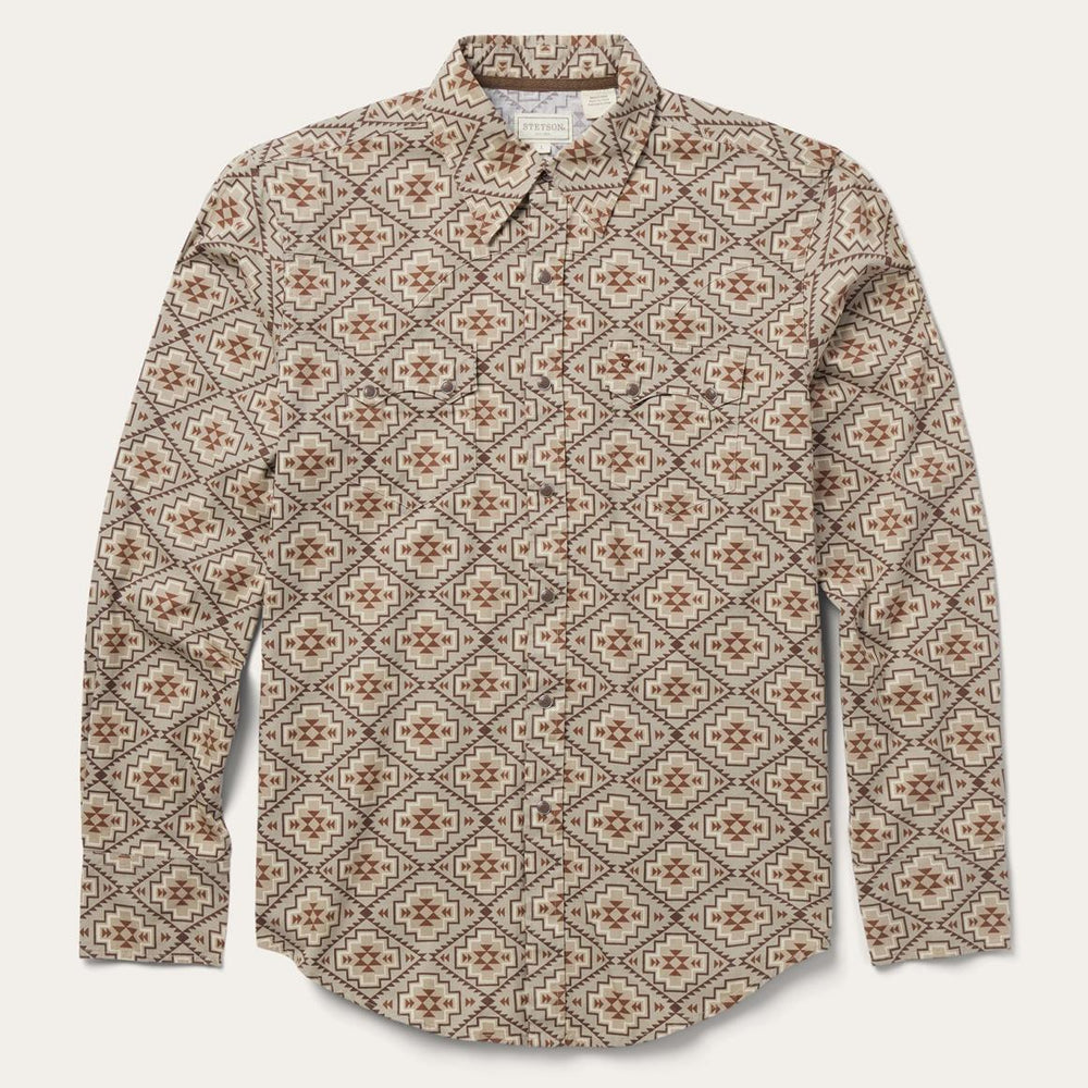 Brown Aztec Poplin Western Shirt Brown | Men Stetson Modern Cut